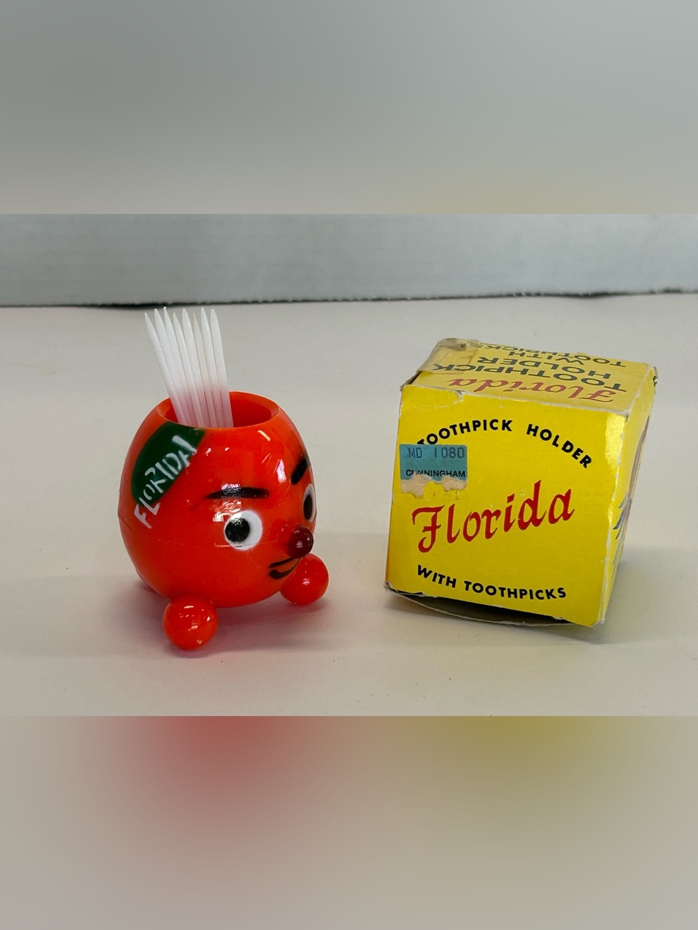 Vintage Retro 60s Florida Orange Anthropomorphic Toothpick Holder & Box
